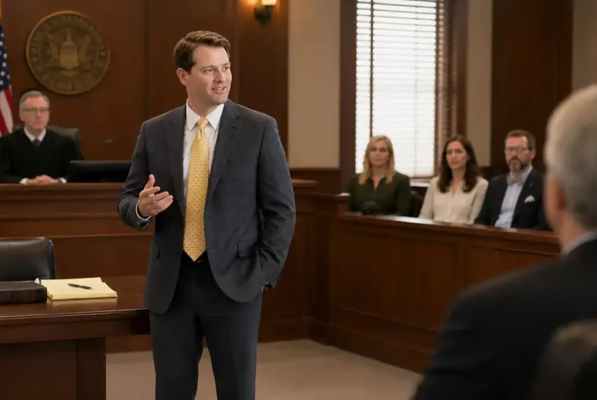 Attorney Anthony J. Leonard standing in court in a trial